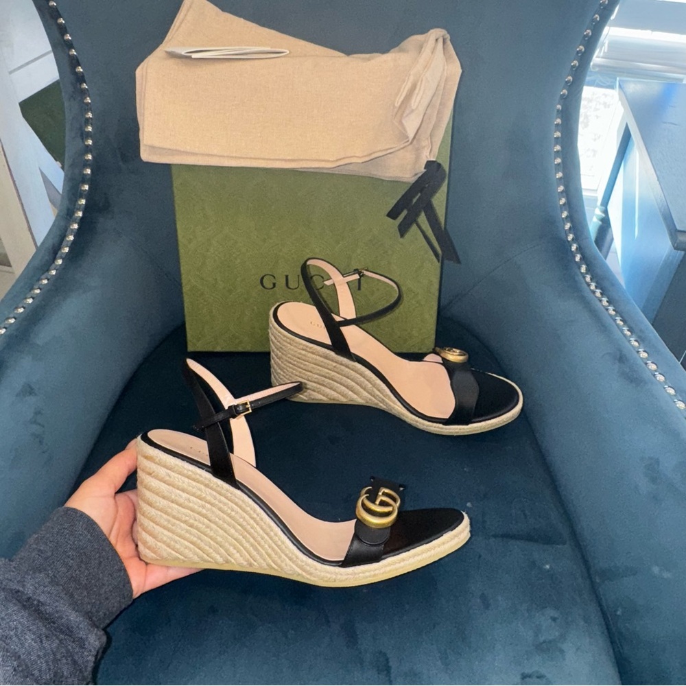New Size 42 Gucci Aitana Espadrille Wedge Sandals Black - Picture 2 of 7